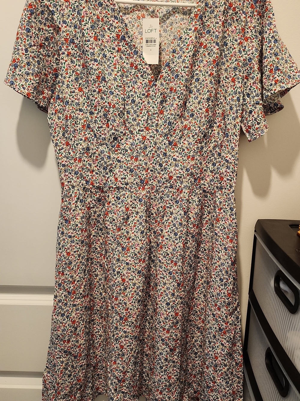 LOFT Multicolor Floral Wrap Dress — Blue, Red & Cream